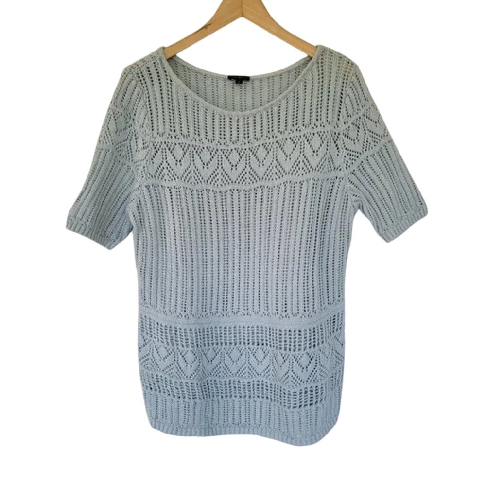 Talbots Short Sleeve Crochet Knit Blouse Aqua Mint Womens Size M Cotton Boho